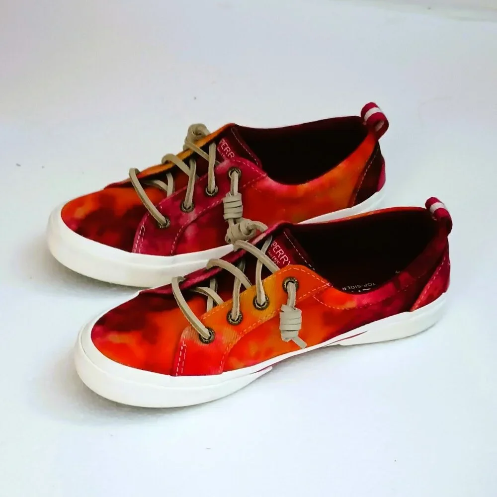 Sperry Pier Wave Tie Dye Shoes 5.5 Slip On Red Orange Sneakers